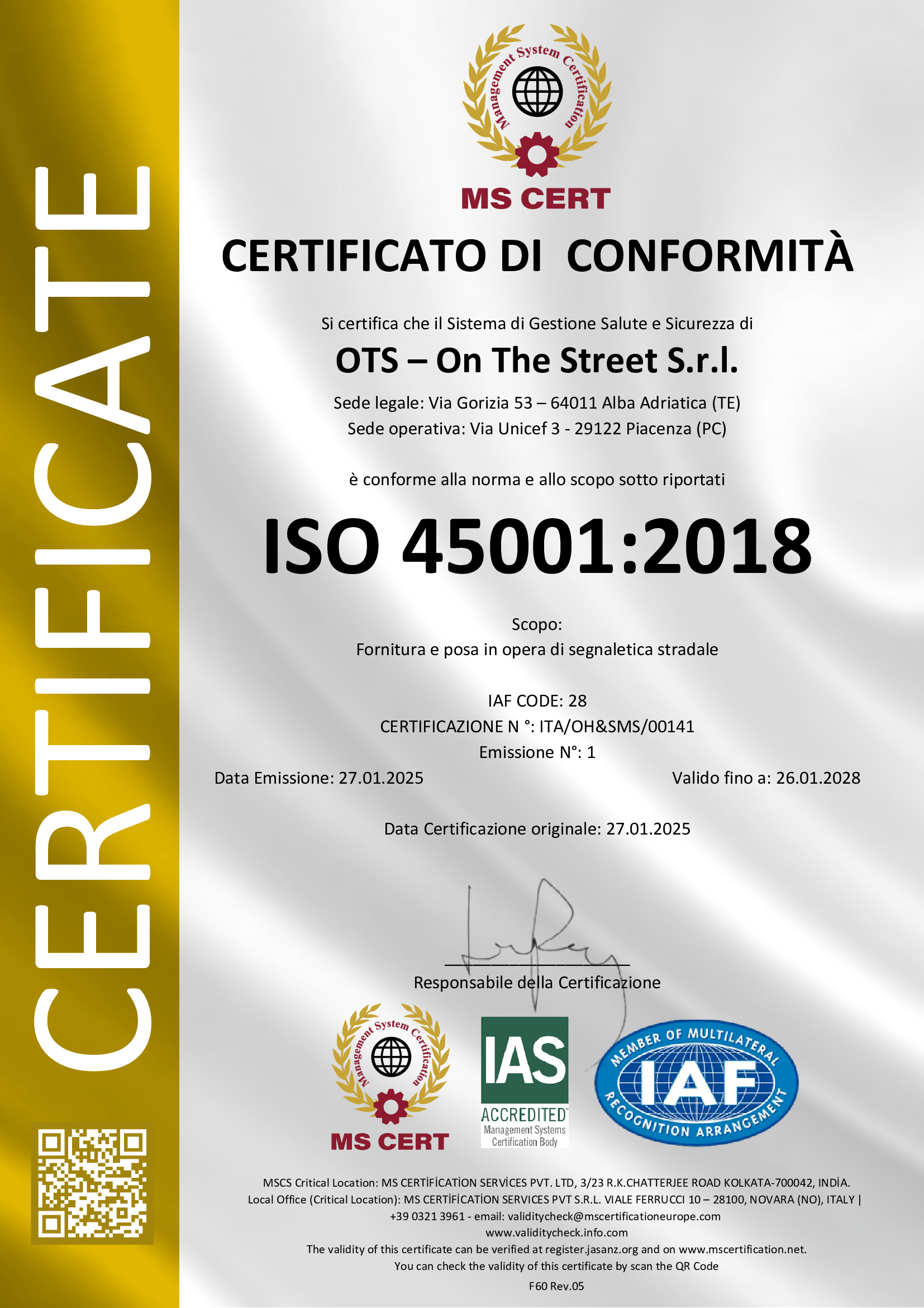 Certificato OTS-ISO-45001-IAS